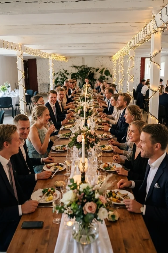Bryllupsmiddag ved langbord med lys og blomster
