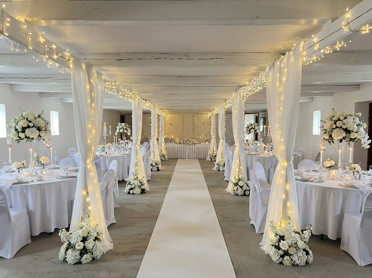 Hvide draperier, lyskæder og blomster i festsalen