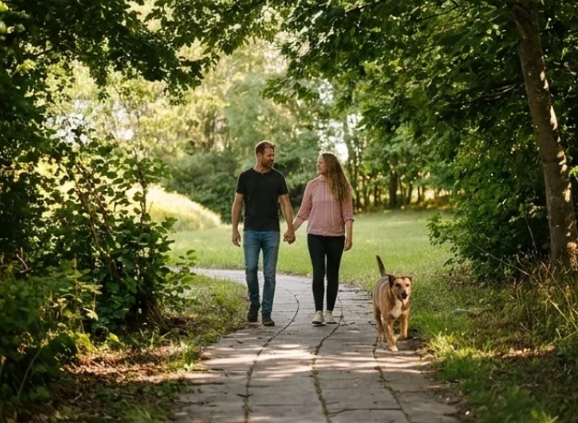 Par går tur med hunden på stien